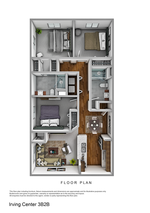Floor plan for 3 beds, 2 baths, 1068 sqft